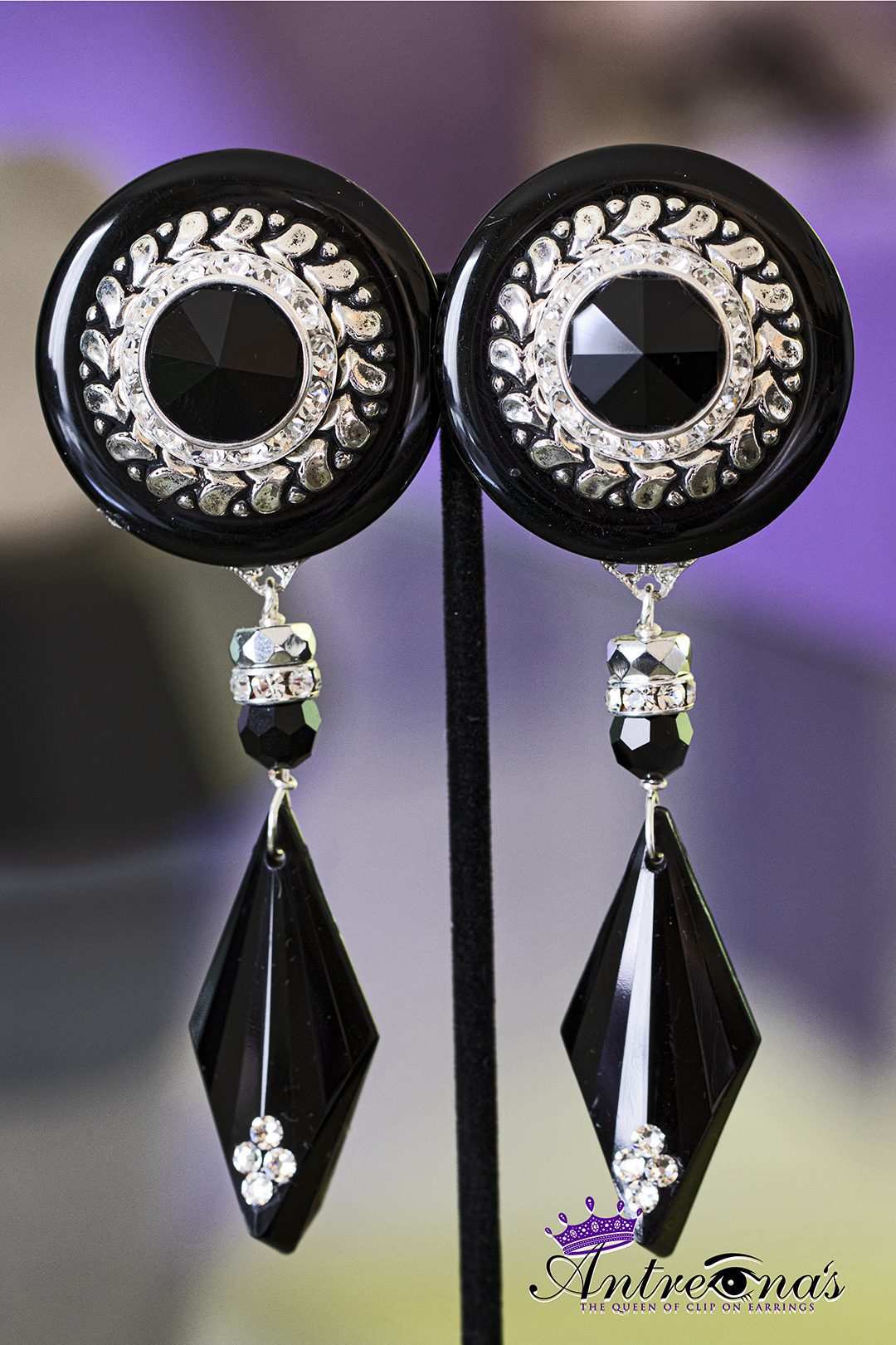 Black silver clip earrings