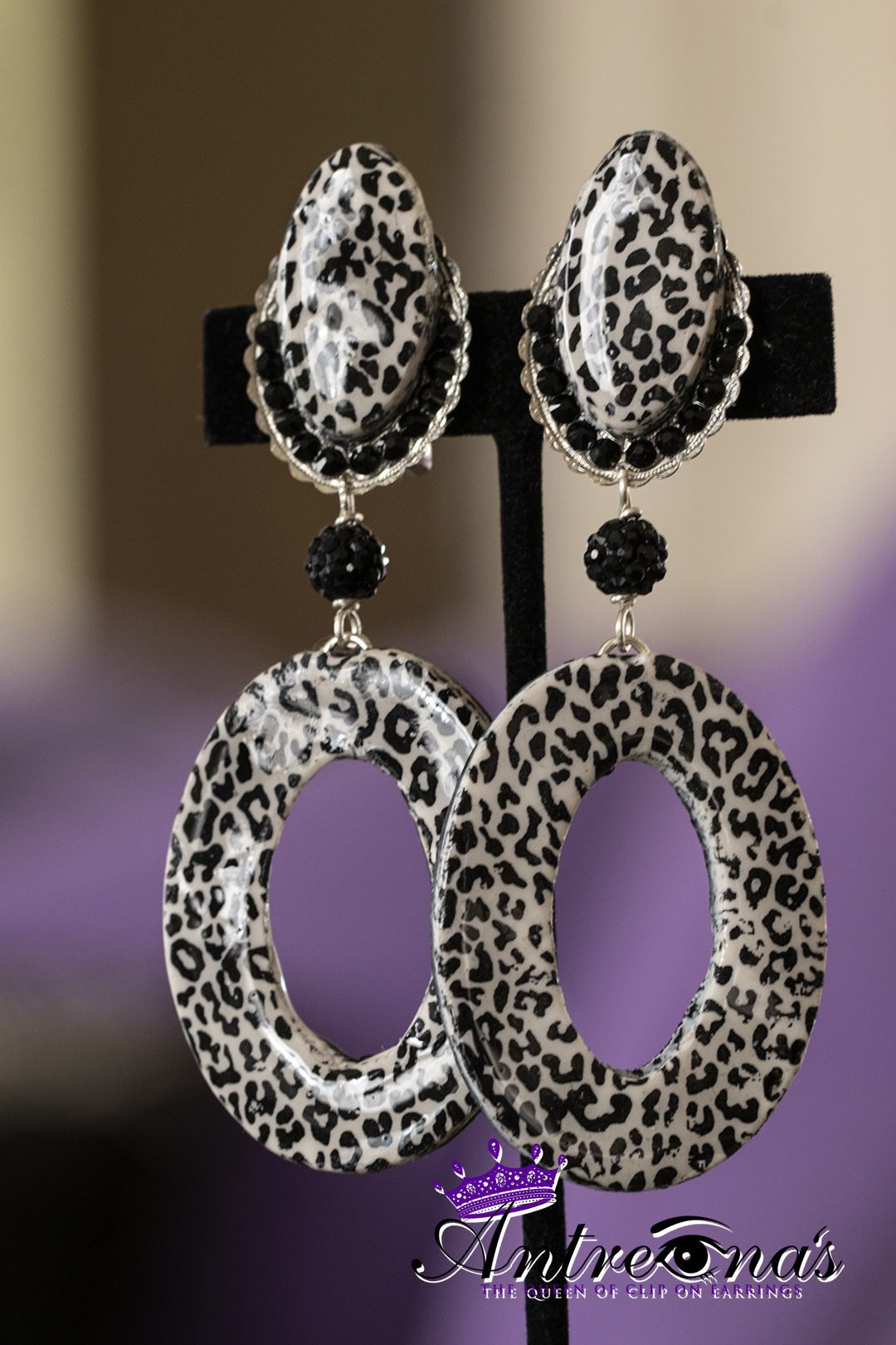 Image Leopard Black White painless clip earrings.