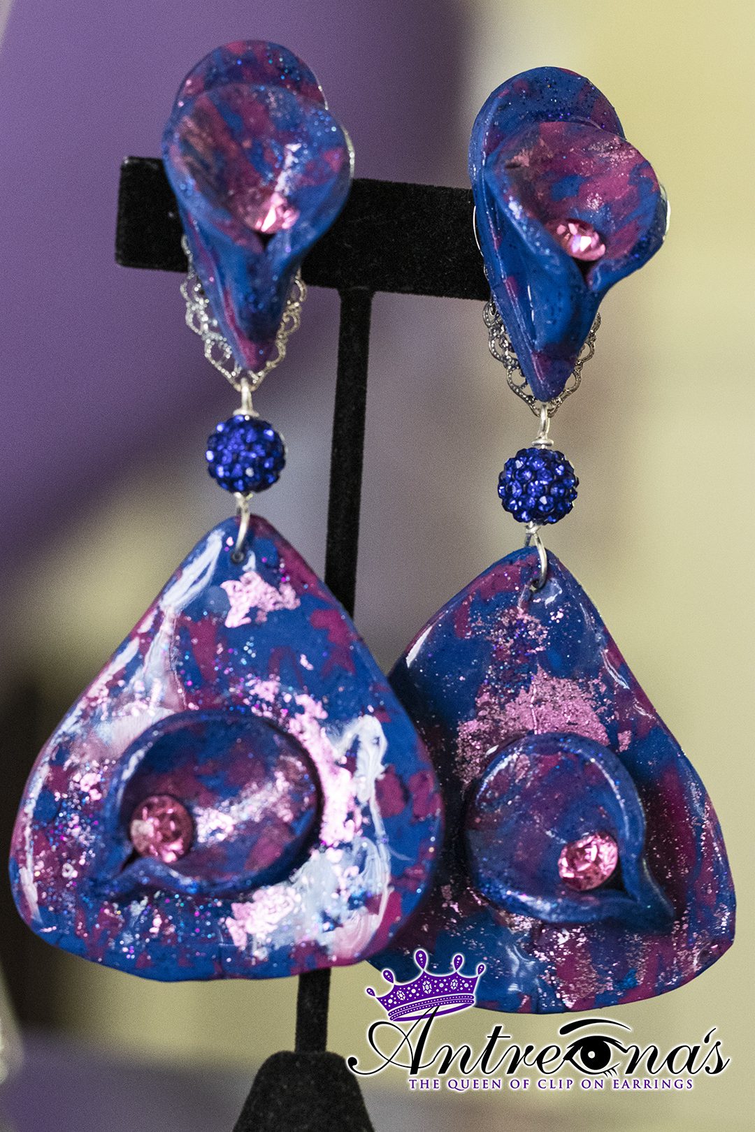 Image Rose, Sapphire dangle clip on earrings