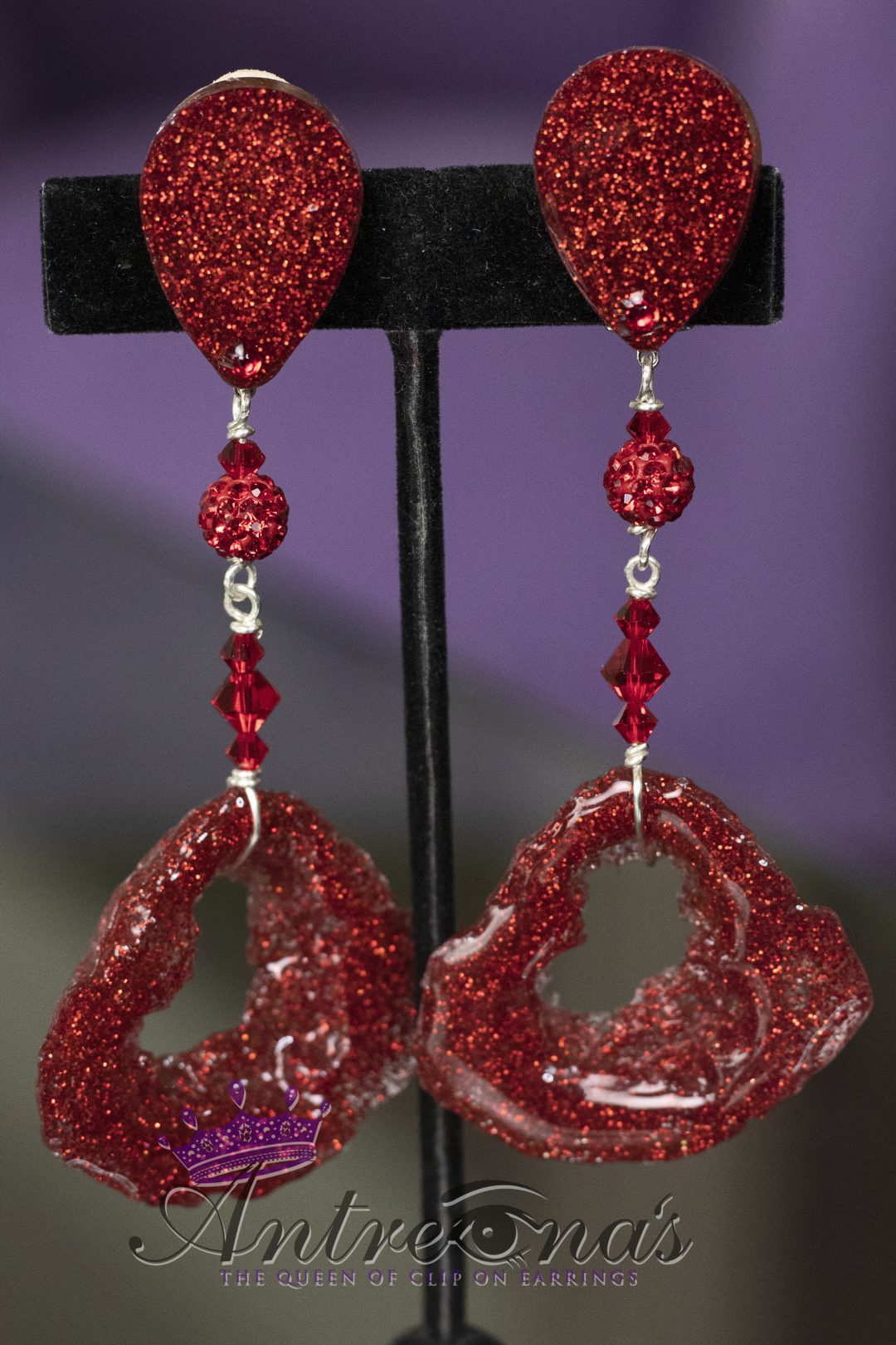 Red clip on earrings dangle